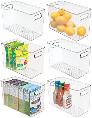 mDesign Stackable Plastic Kitchen Pantry Cabinet Refrigerator Freezer Food Storage Bins Handles - Organizer Fruit Yogurt Squeeze Pouches Safe BPA Free 10" Long 6팩 Clear