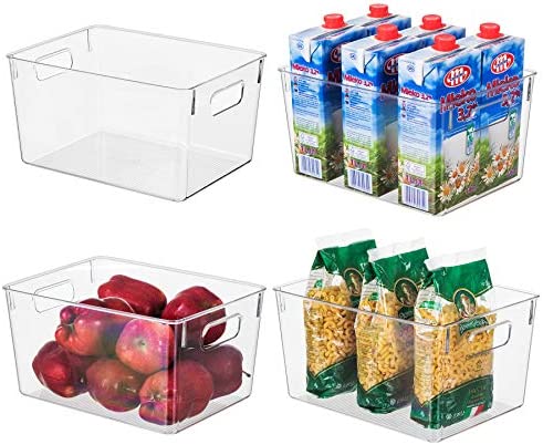 EAMAOTT 클리어 Plastic Storage Organizer Container Bins Cutout Handles Transparent 세트 4 BPA Free Clo Kitchen Cabinet Pantry Refrigerator 11&rdquo x 8&rdquo 6&rdquo Each