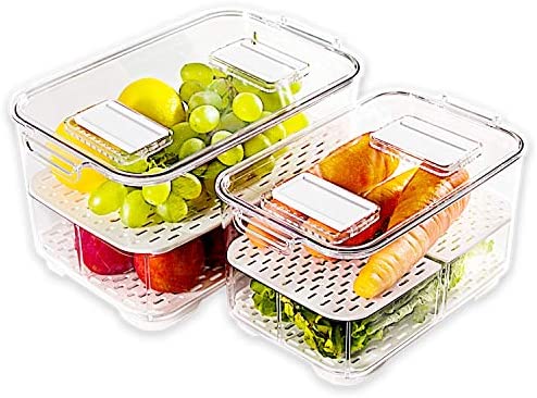 elabo Food Storage Containers Fridge Produce Saver- Stackable Refrigerator Organizer Keeper Drawers Bins Baskets Lids Removable Drain Tray Veggie Berry Fruits 1 Medium Large