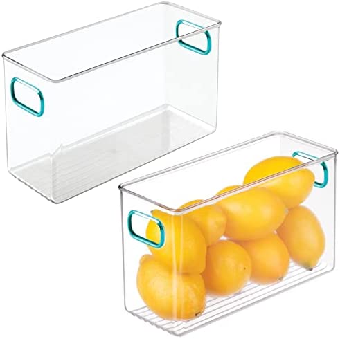 mDesign Large Stackable Kitchen Storage Organizer Bin Pull Front Handle Refrigerators Freezers Cabinets Pantries - BPA Free Food Safe 딥 Rectangle Tray Basket 2팩 Clear/Blue