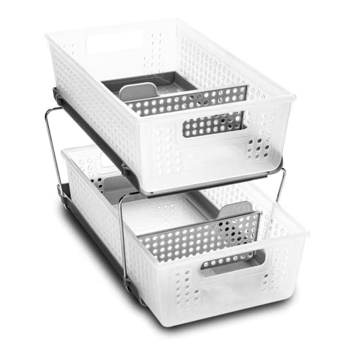 madesmart 2-Tier Organizer Dividers - BATH 컬렉션 Slide-out Baskets Handles Space Saving Multi-purpose Storage & BPA-Fre Large Frost Grey