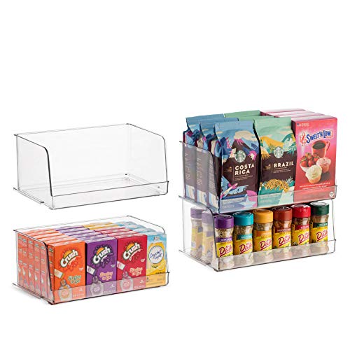 세트 4 클리어 Pantry Organizer Bins Stackable Household Plastic Food Storage Basket Wide Open Front Kitchen Countertops Cabinets Refrigerator Freezer Bedrooms Bathrooms - 12"
