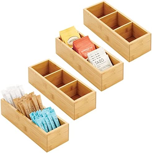 mDesign Bamboo Tea & Food Storage Organizer Container Box - Wooden Holder Case for Tea Bags, Coffee, Snacks, Sugar, Sweeteners, and Small Packets - Echo Collection - Natural Wood