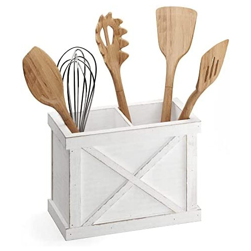 Barnyard Designs Kitchen Utensil Holder for Countertop, Farmhouse Utensil Holder, Large Utensil Holder for Kitchen Counter, Wooden Utensil Holder, Utensil Organizer for Countertop, White 9.5 x 6.75
