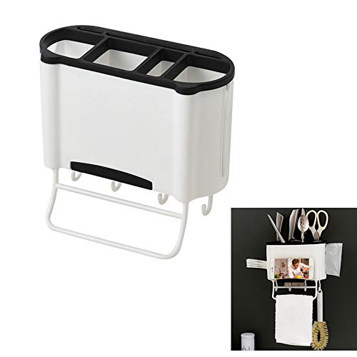 CHERISH Kitchen Multifunctional Wall Storage Rack, Adhesive Wall Mount Cutlery Knife Holder Hanger, Kitchen Cooking Utensil Holder Caddy with Phone Holder and 4 Hooks, Spoon and Fork Holder Rack