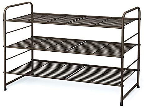 Simple Trending 3-Tier Stackable Shoe Rack, Expandable & Adjustable Shoe Shelf Storage Organizer, Wire Grid, Bronze