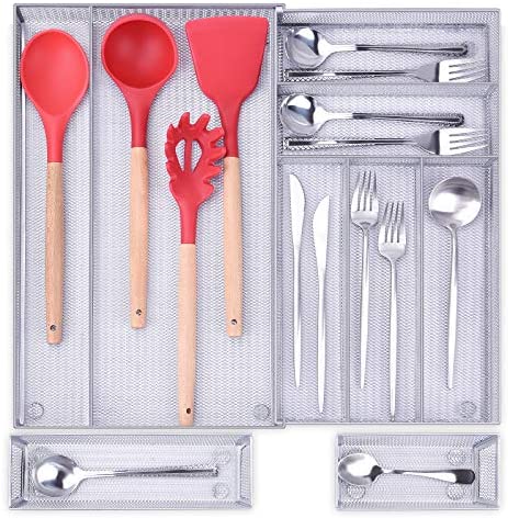 공간 확장 가능한 서랍용 수저정리함 수저통 Expandable Kitchen Drawer Organizer, 7+2 Separate Compartment with Anti-slip Mats Mesh Kitchen Cutlery Trays Silverware Storage Kitchen Utensil Flatware Tray
