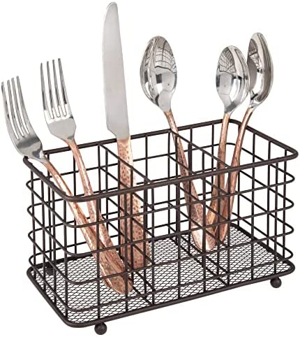 mDesign Farmhouse Modern Metal Wire Cutlery and Utensil Storage Organizer Bin for Kitchen, Pantry, Table and Countertop - Utensil Caddy Holds Forks, Knives, Spoons, Napkins - 3 Sections - Bronze