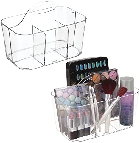 mDesign Plastic Makeup Storage Organizer Caddy Tote, Divided Basket Bin, Handle for Bathroom, Hold Eyeshadow Palettes, Nail Polish, Brushes, Shower Essentials, Small, Lumiere Collection, 2 Pack, Clear