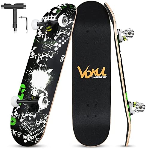 VOKUL Complete Skateboard 어린이 소년 소녀 Beginners - 31" X 8" inch Standard 7 Layer Maple Double Kick Concave Cruiser Beauty Pattern Youths Adults