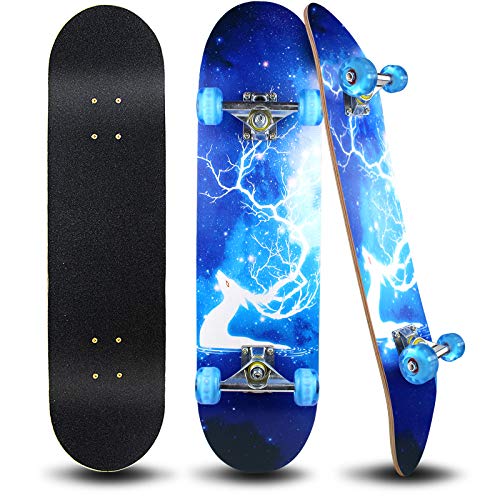 Easy_Way Complete Skateboards- Standard Skateboards Colorful Flashing Wheels Beginners 어린이 소년 소녀 Teenager- 31x 8Canadian Maple Cruiser Pro Skate Board