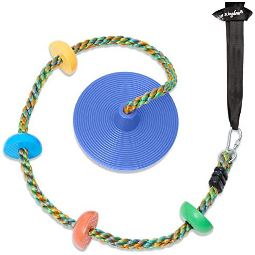 Jungle Gym Kingdom Tree Swing for Kids - Single Disc Seat and Rainbow Climbing Rope Set w/ Carabiner and 4 Foot Strap - Treehouse and Outdoor Playground Accessories - Red