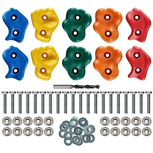 22 Assorted Deluxe Rock Climbing Holds 어린이 - Outdoor Stones Kit 44 Swing Safe Fasteners + Drill Bit Easy Install on Lumber from 3/4" 1.25" Thick Pro-Hold