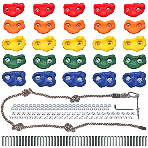 Jungle 체육관 Kingdom DIY 25 Rock Climbing Ninja Hand Holds Robust 8 Foot Knotted Rope Build 어링이 Playground Wall 어린이 Indoor Outdoor Play Sets Mounting Hardware