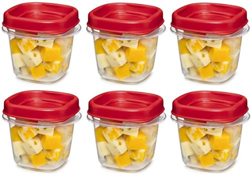 Rubbermaid 781147333731 Easy Find Square 1/2-Cup Food Storage Container, 6 Pack, (6 Cups), Clear with Red Lid