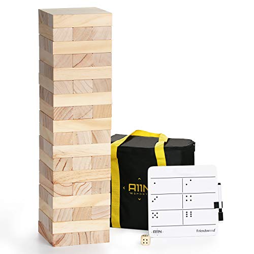A11N Large Tumble Tower Game 54 Blocks Starts 1.5 Feet Tall Build 3 Wooden Stacking Yard Carrying 가방 Rules Board 1 Dice