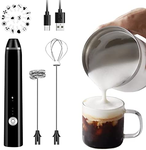 Rechargeable Milk Frother Handheld Electric Foam Maker 스테인레스 Whisk 3 Speed Bulletproof Coffee Latte Cappuccino Hot Chocolate 매트 Extra 16 Pcs 아트 Stencils