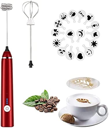 Rechargeable Milk Frother Handheld Electric Foam Maker 스테인레스 Whisk 3 Speed Bulletproof Coffee Latte Cappuccino Hot Chocolate 매트 Extra 16 Pcs 아트 Stencils Silver