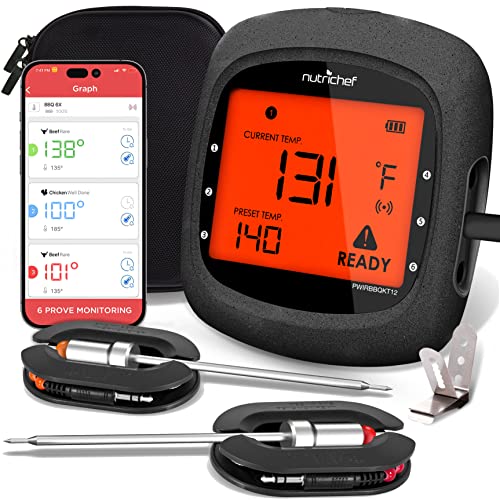 NutriChef Smart 블루투스 BBQ Grill Thermometer - Upgraded 스테인레스 듀얼 Probes Safe Leave Outdoor Barbecue Meat Smoker 무선 원격 Alert iOS Android Phone WiFi App One Size PWIRBBQ80