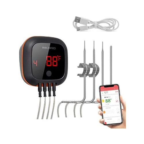 Inkbird IBT-4XS 블루투스 무선 Grill Thermometer Digital Cooking Barbecue Oven Smoker Drum,1000mAh Li-Battery USB Charging 케이블 Four Probes