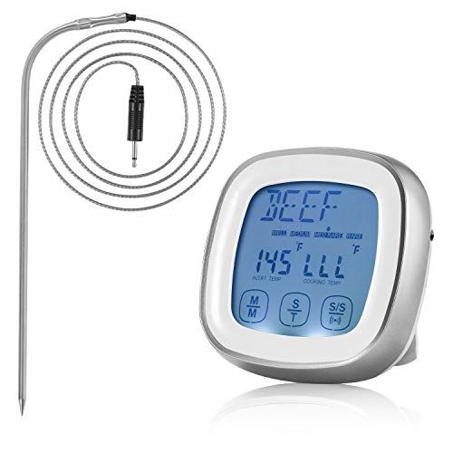 Touchscreen Digital Food Thermometer - Instant Read Meat Timer Alert Long Grade Probe Kitchen Cooking BBQ Grill Smoker
