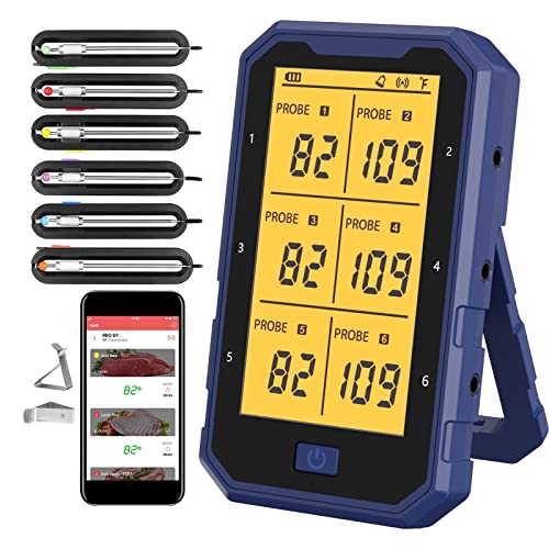 Bluetooth Meat Thermometer, Wireless BBQ Thermometer, Digital Cooking Thermometer for Grilling Smart APP Control with 6 Stainless Steel Probes, Support iOS & Android (Blue)