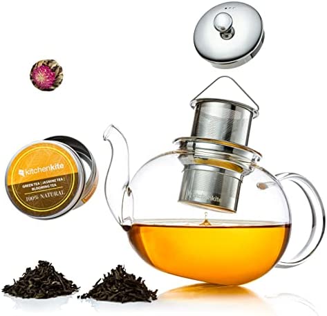 Tea Kettle Infuser Stovetop 선물세트 - Glass Teapot Removable 스테인레스 스틸 Strainer Microwave & Dishwasher Safe Pot Blooming Loose Leaf Sampler 4 Double Wall Cups Maker