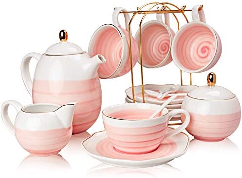 SWEEJAR Porcelain Tea Sets,8 oz Cups Saucer Teaspoon 세트 4 Teapot Sugar Bowl Cream Pitcher Strainer Tea/Coffee,Afternoon Party Blue