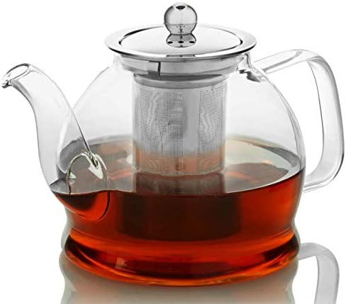 Teapot with Infuser for Loose Tea - 40oz, 3-4 Cup Tea Infuser, Clear Glass Tea Kettle Pot with Strainer & Warmer - Loose Leaf, Iced Tea Maker & Brewer