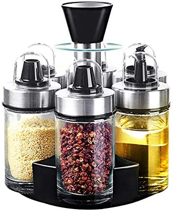 Mlici Olive Oil Dispenser Vinegar Bottle 세트 6 Bottles Glass Condiment 360&degRotating Holder Cruet - Premium Salt & Pepper Shakers Organizer Kitchen Sauce Spice
