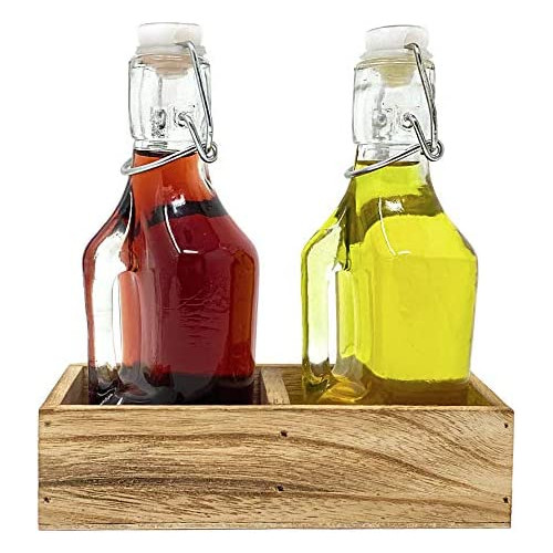 Oil Vinegar Dispenser 세트 Cruet Bottle Swing Top 우드 Tray Salad Dressing Condiments Rustic Kitchen Decoration