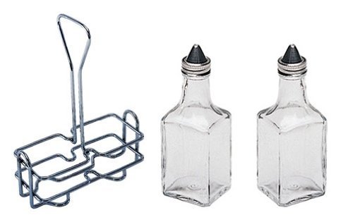 6 oz.oz Tabletop Oil Vinegar Cruet Glass Bottle Bottles Cruets Dispenser w/Chrome Plated Caddy Holder Two 2