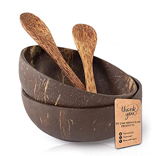 Wise 아트 100% Organic Natural Coconut Bowl &ndash Premium Quality Spoon Handcrafted Smoothies Salad Cereal Snacks 세트 2