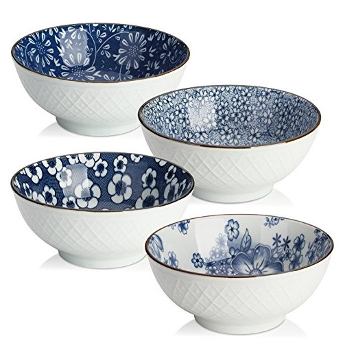 Y YHY Ceramic Cereal Soup Salad Bowls 16 Ounces Japanese bowls 세트 4 Assorted Designs 블루 White