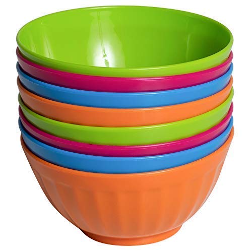 Klickpick Home 6 Inch Plastic Bowls 세트 8-28oz Large Cereal Microwave Dishwasher Safe Soup - BPA Free 4 Bright Colors 2 Each Color