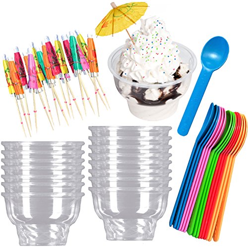 Ice Cream Sundae Kit - 클리어 Plastic 8oz Dessert Dishes Eco Friendly Spoons Paper Umbrella Picks- 16 Cups 24 Umbrellas Pink 블루 Yellow 그린 Orange Party Supplies