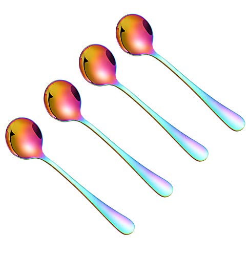 Dessert Spoons,Coffee SpoonTeaspoon,small round spoon 스테인레스 스틸 Vogue Teaspoons 세트 Sugar Cake Ice Cream Soup 4pccs/ Rainbow
