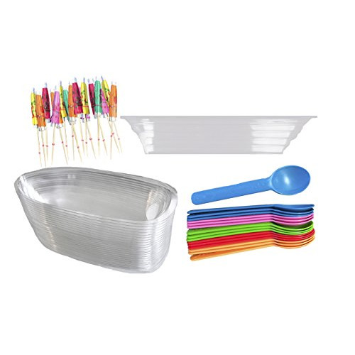 Clear Plastic Banana Split Boats 12 oz. - Paper Umbrellas Eco Friendly Spoons- 16 Each