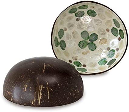 Mother of Pearl Inlay Coconut Bowls Set of 2 | Organic Reusable Kitchen Set for Serving Fruits & Dry Snack - Shelf Decorative Acai Oysster Shell Buddha Bowls - Boho Catchall Bowl (Break Pattern)