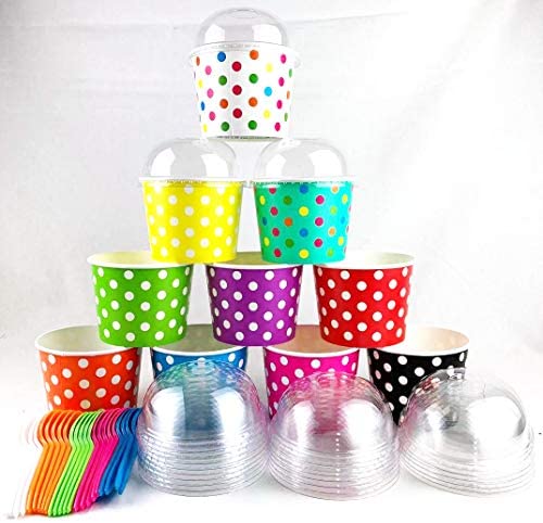 Worlds Paper Ice Cream Cups With Dome Lids No Hole And Plastic Spoons,Polka Dot 8oz Mix 25 Set