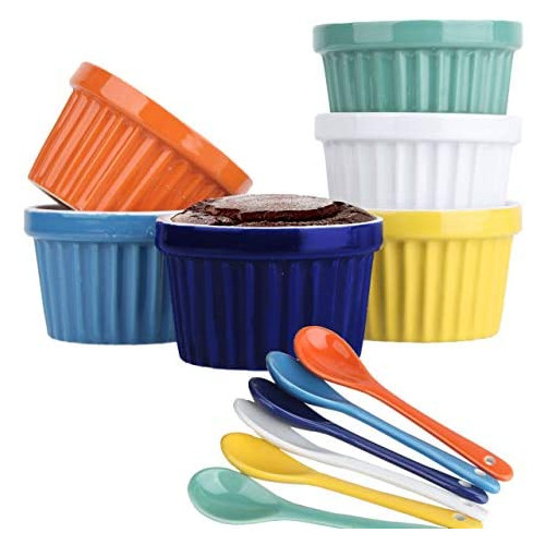 Souffle Dish Ramekins Oven Safe for Baking u2013 8 oz Set of 6, 1 Cup, Assorted Colors with 6 Extra Spoons, 4-inch Ceramic Round Bowl for Creme Brulee Desserts Puddings Custard Cup Ice Cream Lava Cake