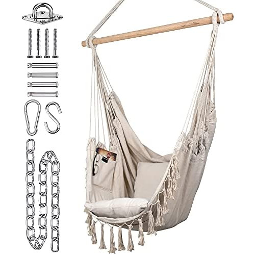 Komorebi Hammock Chair Hanging Rope Swing Indoor & Outdoor 소프트 Durable Cotton Canvas 2 Cushions Included Large Macrame Pocket 침실 Patio Porch Ivory