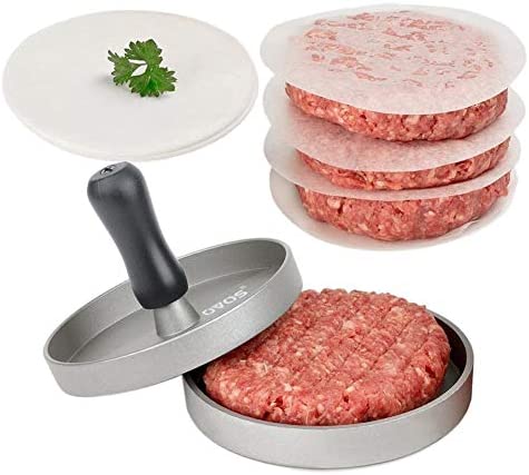 OVOS Aluminum Non-Stick Hamburger Press with 100 Free Patty Papers and Wood Handle (Silver)