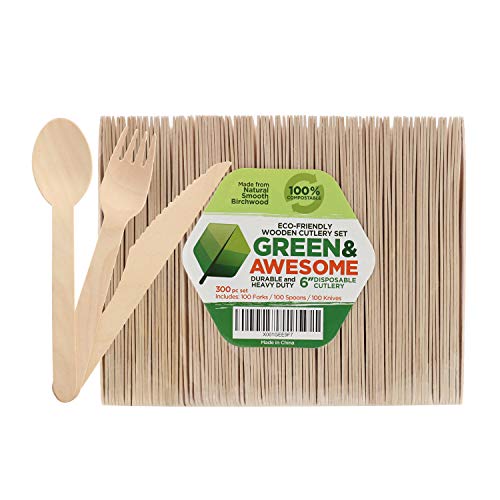 Disposable Wooden Cutlery 세트 - 300 pc,100 Forks 100 Spoons Knives 6