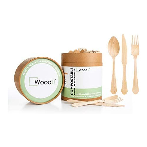 Disposable Wooden Cutlery 세트 WoodU Utensils All-Natural Eco-Friendly Biodegradable Compostable Taking Steps Greener Tomorrow 200 pack-