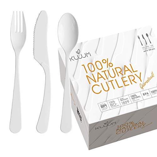 Compostable Biodegradable & Disposable Cutlery - Feels Like real Silverware 300 pcs Forks Spoons Knives Eco Friendly Utensils 세트 made from Cornstarch Perfect alternative plastic bamboo wood
