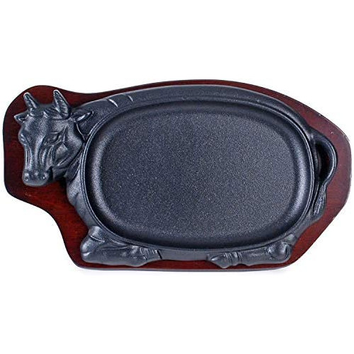Happy Sales Cast 아이언 Steak 플레이트 Sizzle Griddle Wooden Base Pan Grill Fajita Server Household use Restaurant Supply MedRound