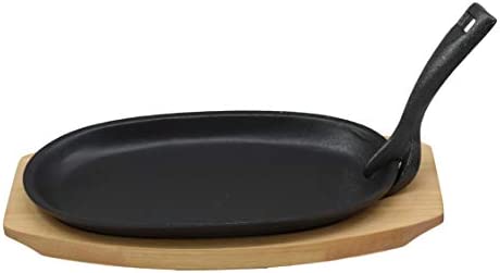 Ebros Personal Sized 9.5&quotLx5.5&quotW Cast 아이언 Sizzling Fajita Skillet Japanese Steak 플레이트 Handle Wooden Base Restaurant Home Kitchen Cooking Accessory Pan Grilling Meats Seafood