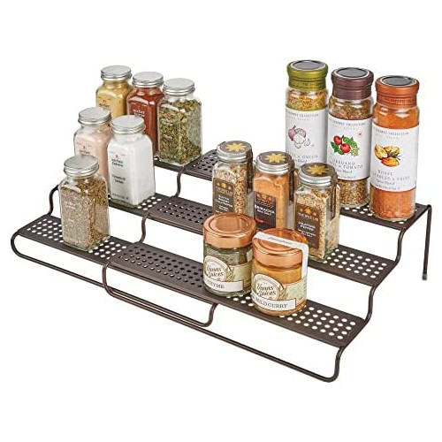mDesign 조절되는 Expandable Kitchen 와이어 메탈 Storage Cabinet Cupboard Food Pantry Shelf Organizer Spice Bottle Rack Holder - 3 Level Up 25" Wide Bronze