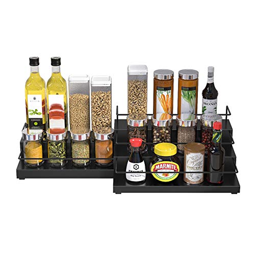 Metal Expandable Kitchen Spice Rack 조절되는 3 Tier Step Seasoning Storage Shelf Countertop Display Cabinet Pantry Organizer Jars Bottles Baking Supplies Holder Protection Railing Black